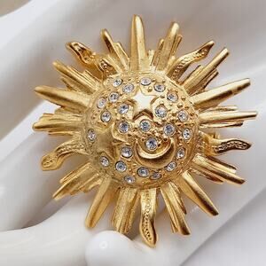 Vintage Gold Tone Sun Brooch with Clear Rhinestones Celestial Pin 1 7/8”